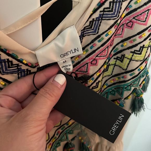 NWT Greylin cream boho maxi dress with pompoms, beading & embroidery - medium - Picture 3 of 4